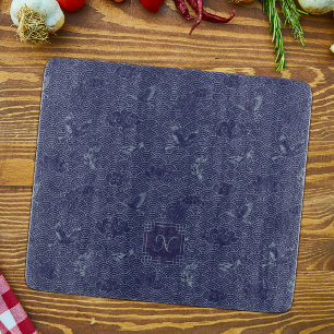Blue Traditional Japanese Wave Seigaiha Monogram Cutting Board