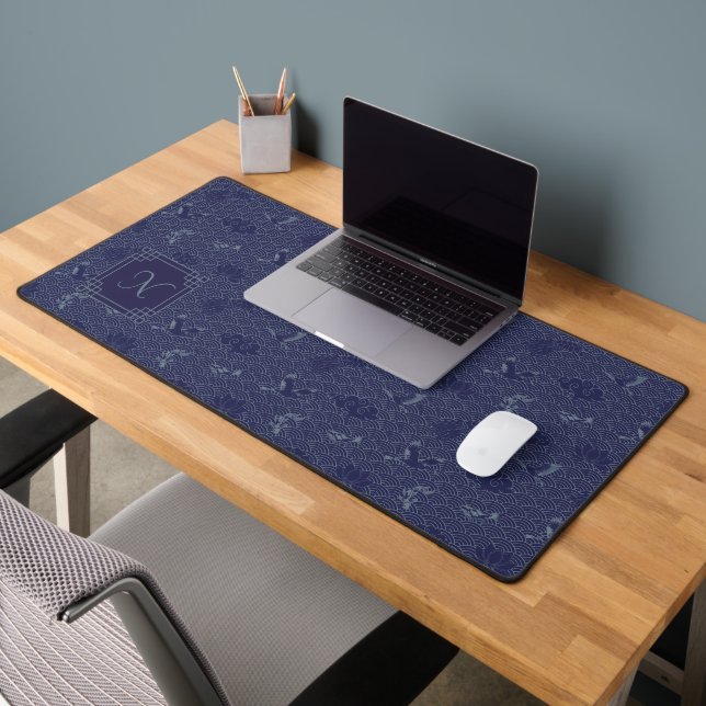 Blue Traditional Japanese Wave Seigaiha Monogram Desk Mat (Office 2)
