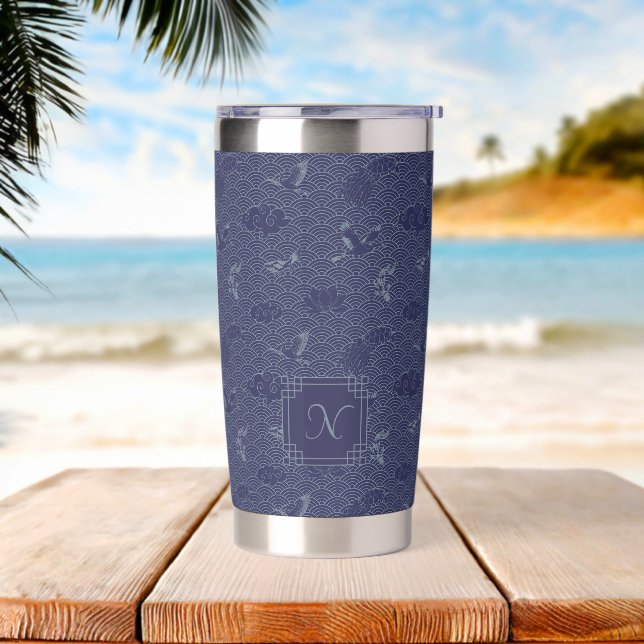 Blue Traditional Japanese Wave Seigaiha Monogram Insulated Tumbler (Beach)