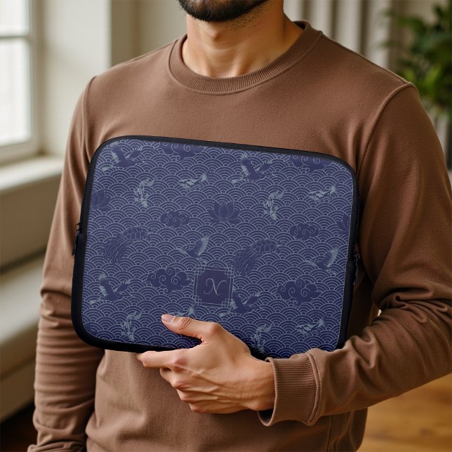 Blue Traditional Japanese Wave Seigaiha Monogram Laptop Sleeve (Creator Uploaded)