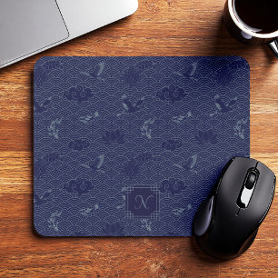 Blue Traditional Japanese Wave Seigaiha Monogram Mouse Mat