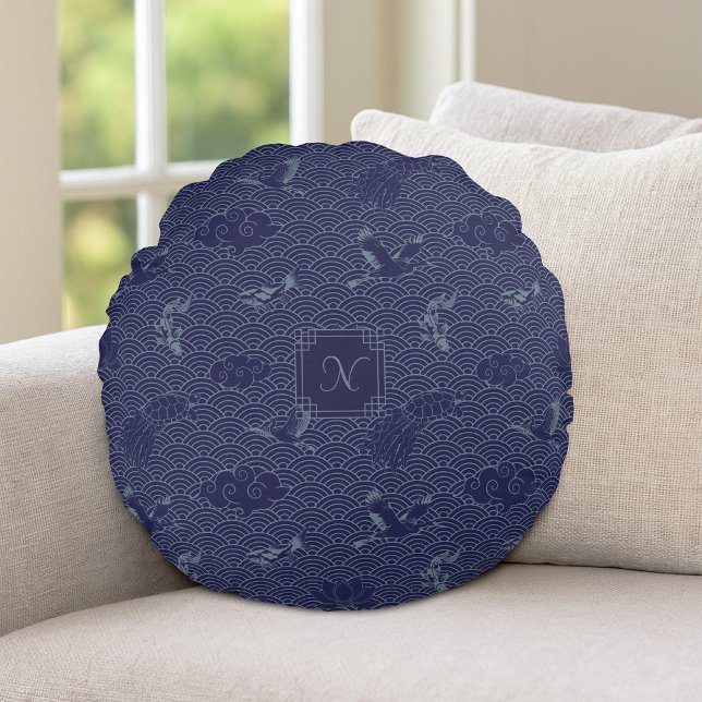 Blue Traditional Japanese Wave Seigaiha Monogram Round Cushion (Creator Uploaded)