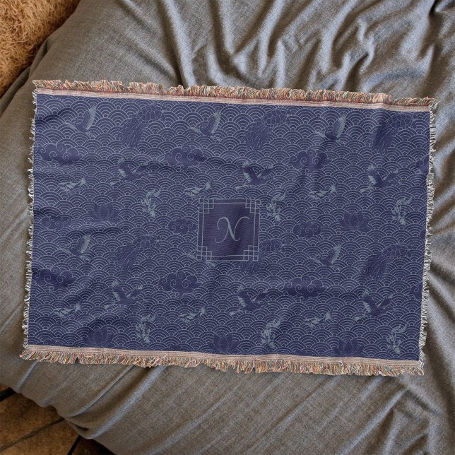 Blue Traditional Japanese Wave Seigaiha Monogram Throw Blanket (Creator Uploaded)