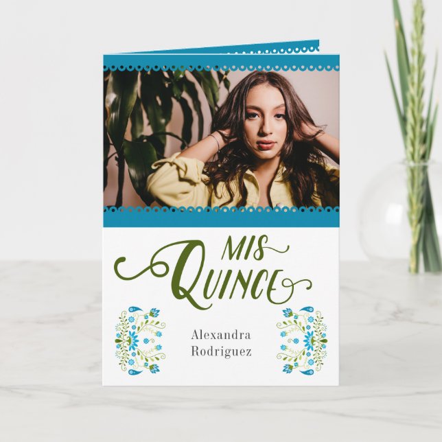 Blue Traditional Mexican Floral Photo Quinceanera Invitation (Front)
