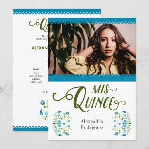 Blue Traditional Mexican Floral Photo Quinceanera Invitation