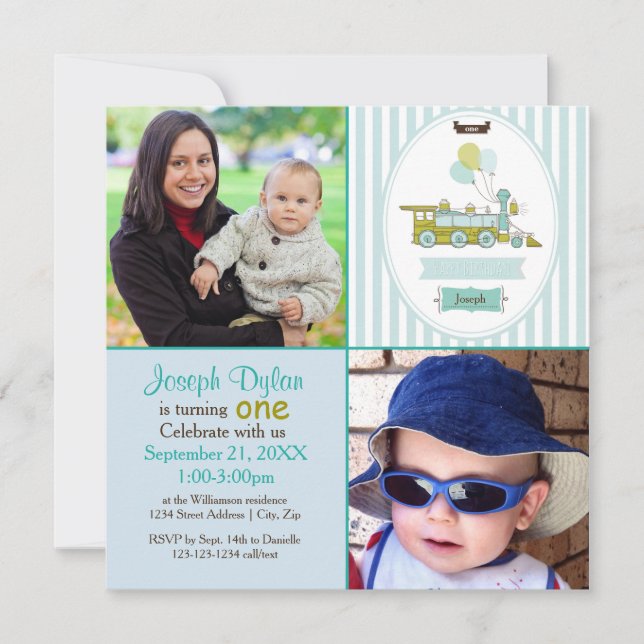 Blue Train 2 Photo Kids - Birthday Invitation (Front)