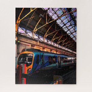 Blue train , at the station jigsaw puzzle
