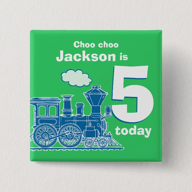 Blue train birthday name and age 5 green badge (Front)