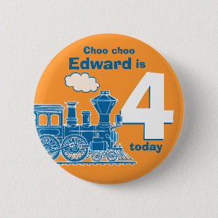 Blue train birthday name and age orange badge