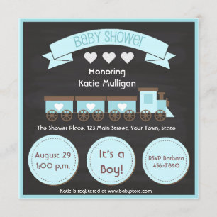 Blue Train, Chalkboard, Boy Baby Shower Invitation