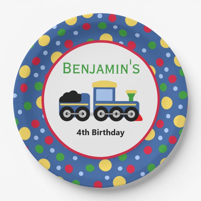Blue Train Engine and Coal Car Birthday Paper Plate (Front)