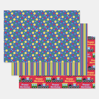 Blue Train Engine and Coal Car Birthday Wrapping Paper Sheet