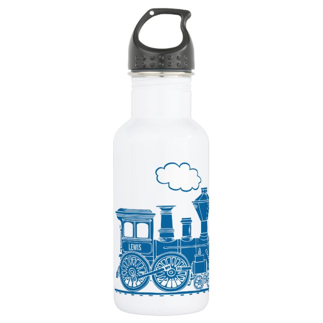 Blue train kids name white drinks bottle (Front)