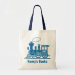 Blue train kids named id library tote bag<br><div class="desc">Blue train boys school library bag. Personalise with your child's name,  perfect for library or school. Currently reads Henry's Books and Henry on boiler plate. Uniquely designed by Sarah Trett.</div>