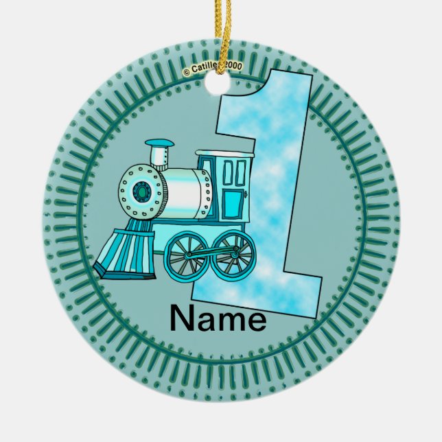 Blue Train Number 1 Ceramic Tree Decoration (Front)