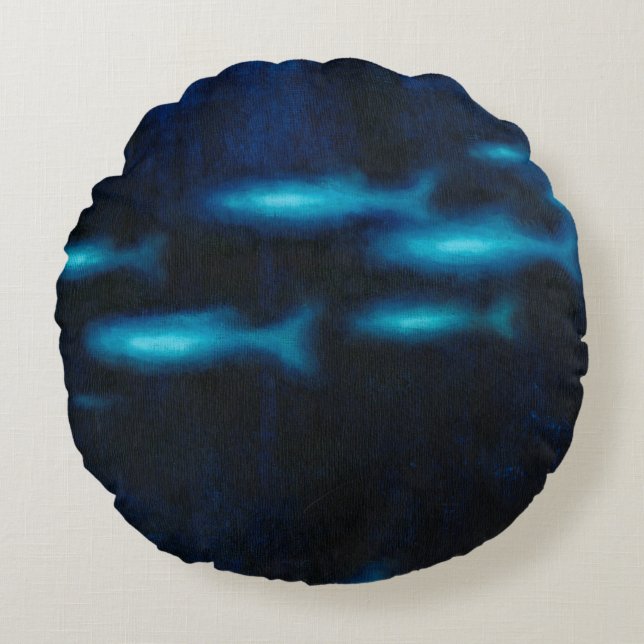 Blue Translucent Fish Silhouettes Round Cushion (Front)