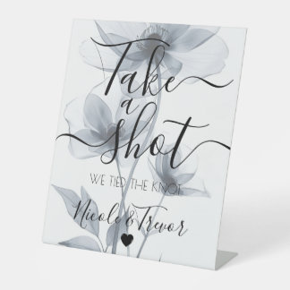 Blue Translucent Flowers Calligraphy Take a Shot Pedestal Sign