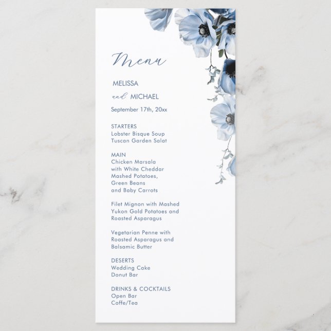Blue Transparent Flowers Wedding Menu (Front)