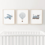 Blue Transportation Nursery Decor Biplane Train<br><div class="desc">Add a finishing touch to your little one's space with this set of 3 transportation prints.</div>