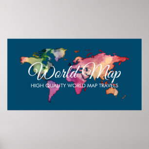 Blue Travel Agency Colourful Watercolor World Map Poster
