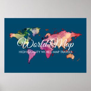 Blue Travel Agency Colourful Watercolor World Map Poster