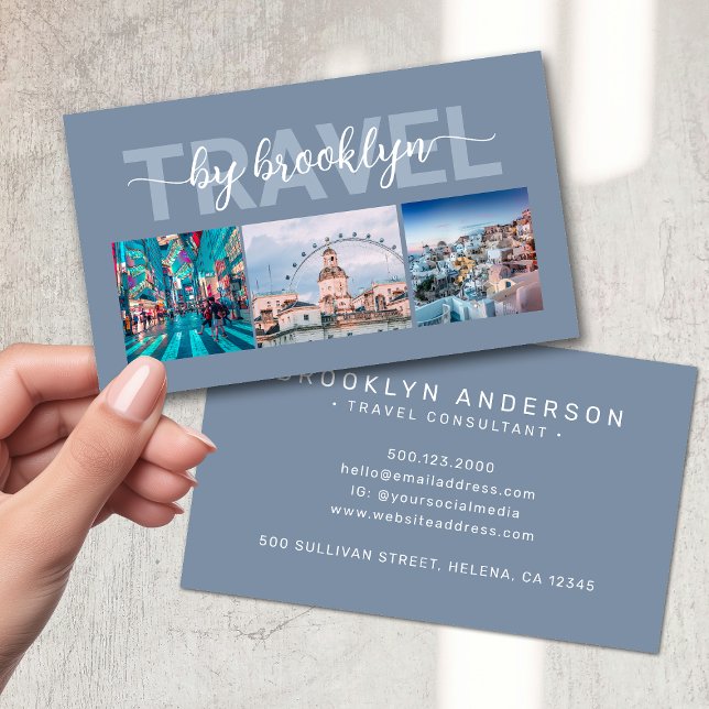Blue Travel Agent Consultant Photo Collage Business Card (Creator Uploaded)