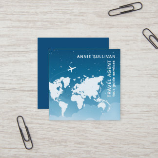Blue Travel Agent World Map and Plane  Square Business Card