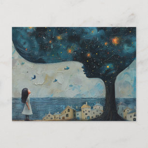 Blue Tree and Amazed Child Little Houses Seaside  Postcard
