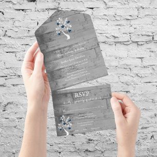 Blue Tree of Hearts All in One Wedding Invite