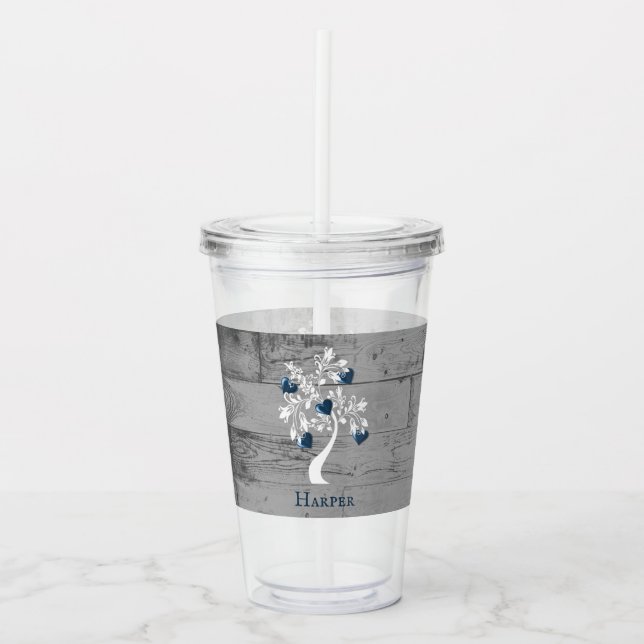 Blue Tree of Hearts Personalised Acrylic Tumbler (Front)