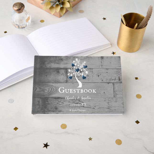 Blue Tree of Hearts Wedding Guestbook (Front Open)