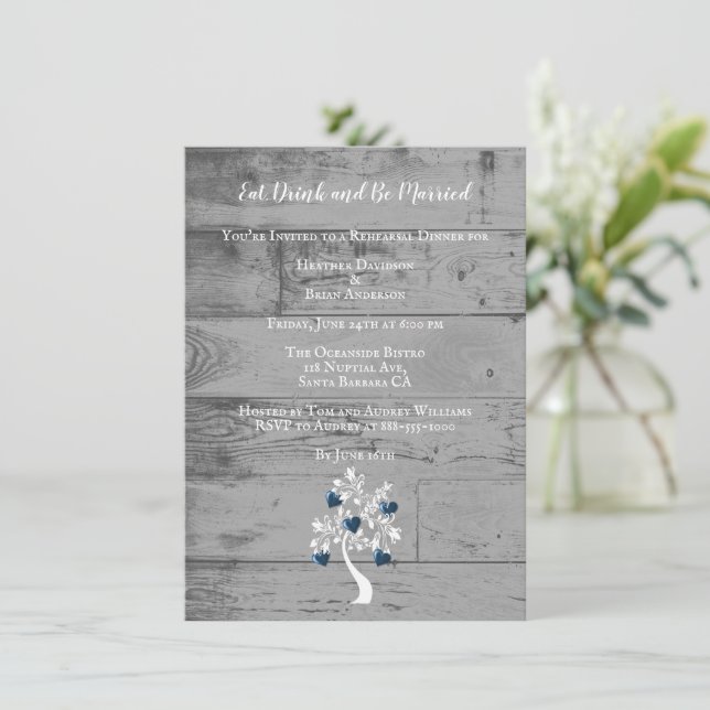 Blue Tree of Hearts Wedding Rehearsal Dinner Invitation (Standing Front)