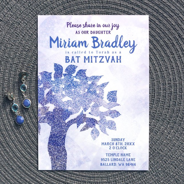 Blue Tree of Life Bat Mitzvah Invitation (light blue glitter tree of life bat mitzvah invitations)