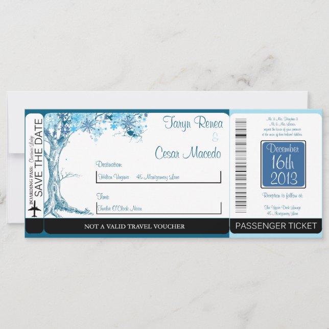 Blue Tree / Snowf Boarding Pass Wedding Invitation (Front)