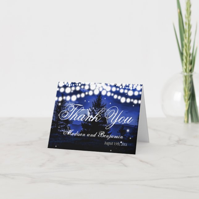 Blue Tree Twinkle Lights Wedding Thank You Cards (Front)