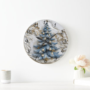 Blue tree with gold ornaments. large clock