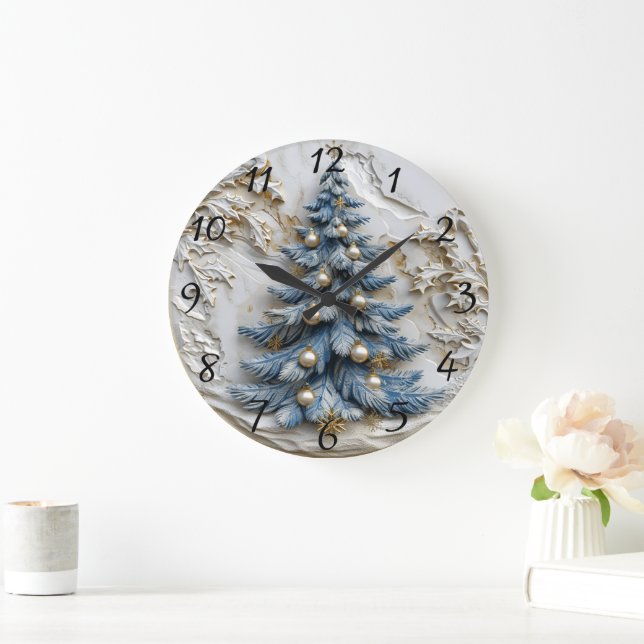 Blue tree with gold ornaments.  large clock (Home)