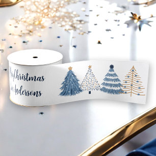 Blue Trees Modern Simple Christmas Name Text Grosgrain Ribbon