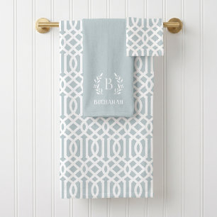 Blue Trellis and Branch Monogram Farmhouse Bath Towel Set