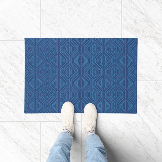Blue Trellis Modern Stripe Squares and Diamonds Doormat (Indoor)