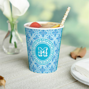 Blue Trellis Print Modern White Text Paper Cups