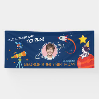 Blue Trendy Cosmic Rocket Planet Kids Birthday Banner