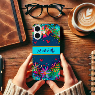 Blue Trendy Floral Fun Inspirivity Name iPhone 16 Case