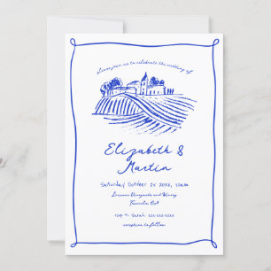 Blue Trendy Hand Drawn Vineyard Wedding Invitation