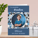 Blue Trendy Modern 1 Photo Grandson Birthday Card<br><div class="desc">This birthday card can be personalised with your grandson's name, and a favourite photo. Your chosen photograph will appear in a round white 'frame' within a fun abstract pattern in a modern style. The text at the top of the card is 'To a wonderful Grandson', with his name below the...</div>