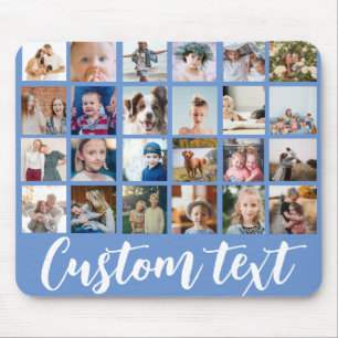 Blue trendy photo collage text script family mouse mat