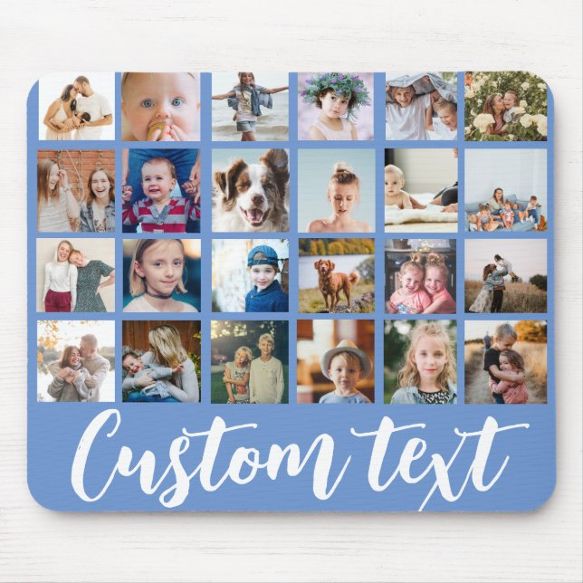 Blue trendy photo collage text script family  mouse mat (Front)