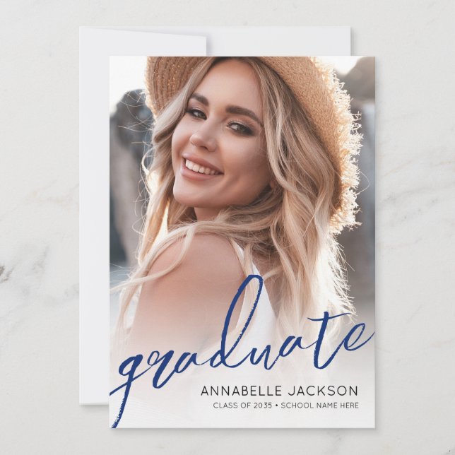 Blue Trendy Script Graduate Photo Graduation Invitation (Front)