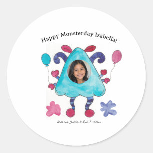 Blue Triangle Monster Birthday Party Favour Sticke Classic Round Sticker