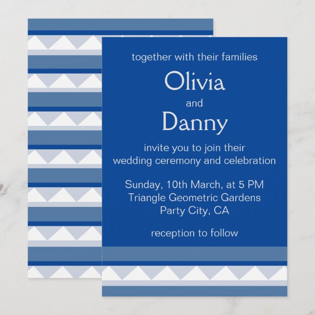 Blue Triangle Stripes Nautical Wedding Invitation (Front/Back)